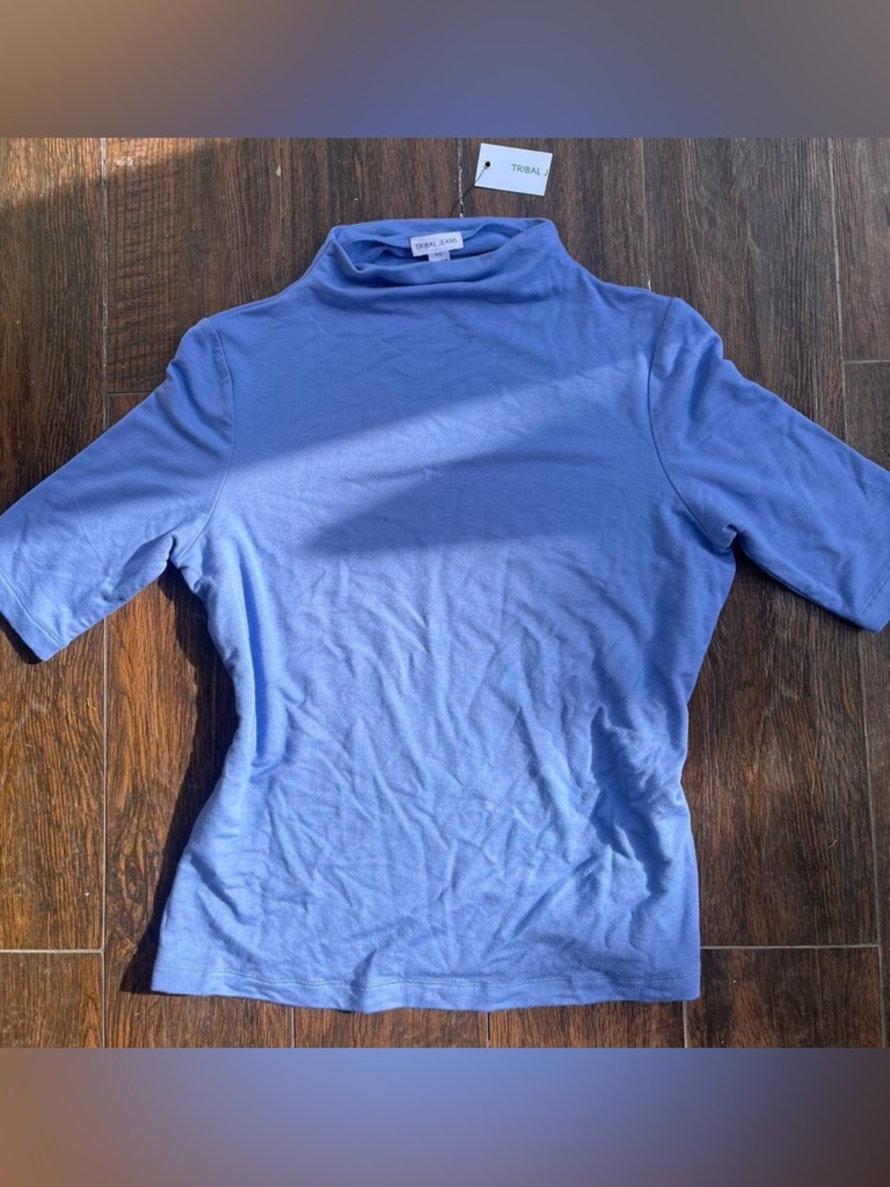 NEW Tribal Jeans Luxe Soft Mid-Sleeve Mock Neck Top in Periwinkle Blue